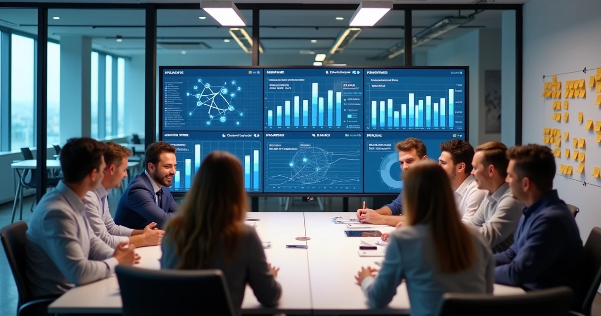 Equipe de gestão de projetos reunida com telas mostrando gráficos de IA 
