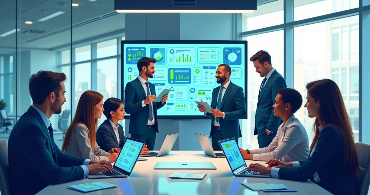 Reunião de equipe de RH usando ferramentas digitais com gráficos em destaque 