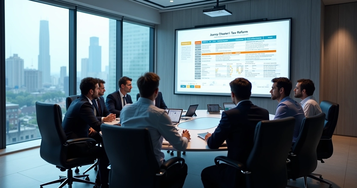 Gestores discutem reforma tributária em sala de reunião com quadro explicativo 