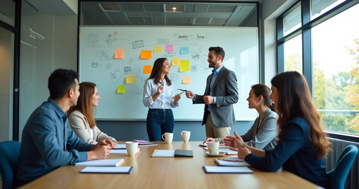 Equipe em reunião compartilhando ideias em quadro 