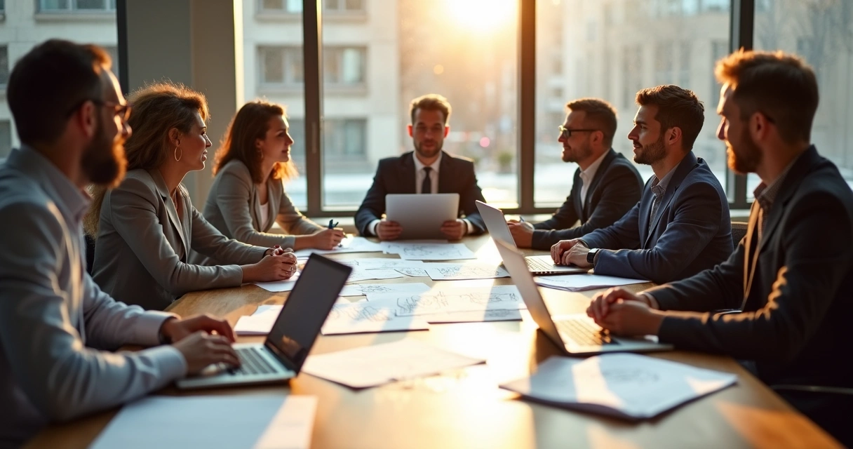 Equipe reunida avaliando materiais de identidade visual 
