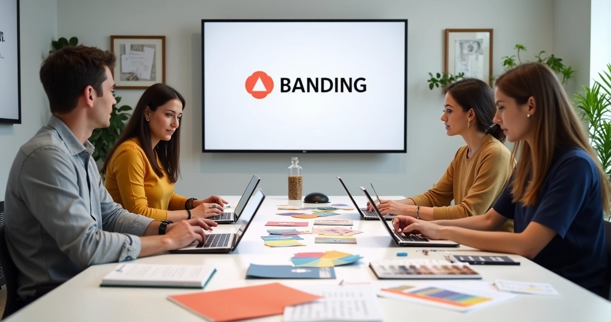 Equipe reunida analisando materiais de marca na mesa