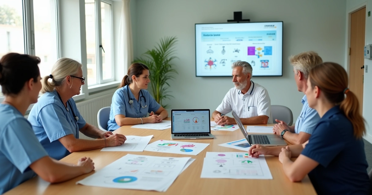 Equipe multiprofissional de ILPI analisando documentos e indicadores de segurança do idoso 