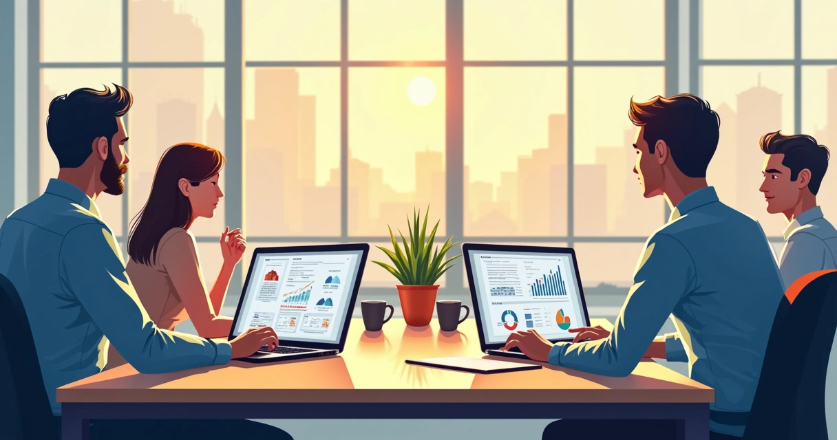 Equipe imobiliária analisando métricas em notebooks 
