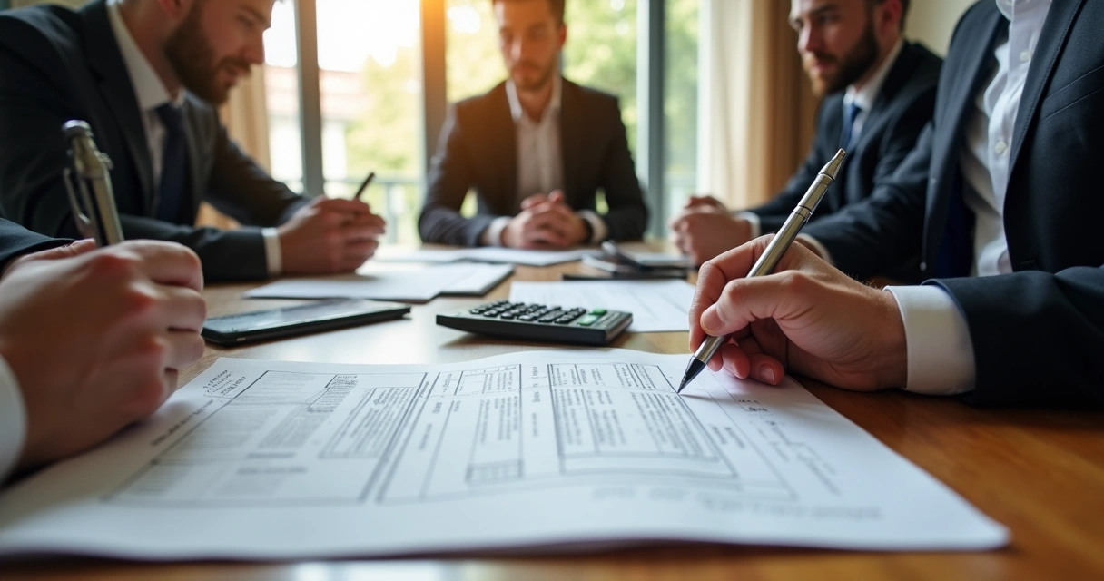 Reunião de pessoas analisando documentos e calculadora sobre mesa com contratos de aluguel 