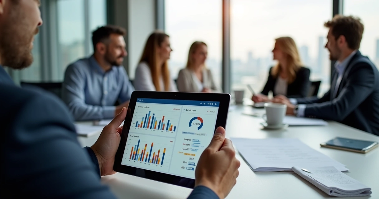 Corretor de imóveis mostrando relatório de CRM em tablet para equipe durante reunião 