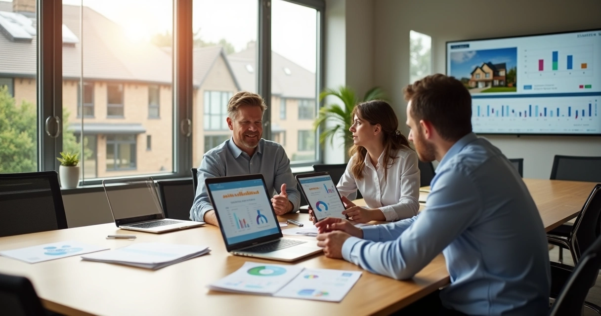 Reunião de equipe imobiliária analisando CRM na mesa 