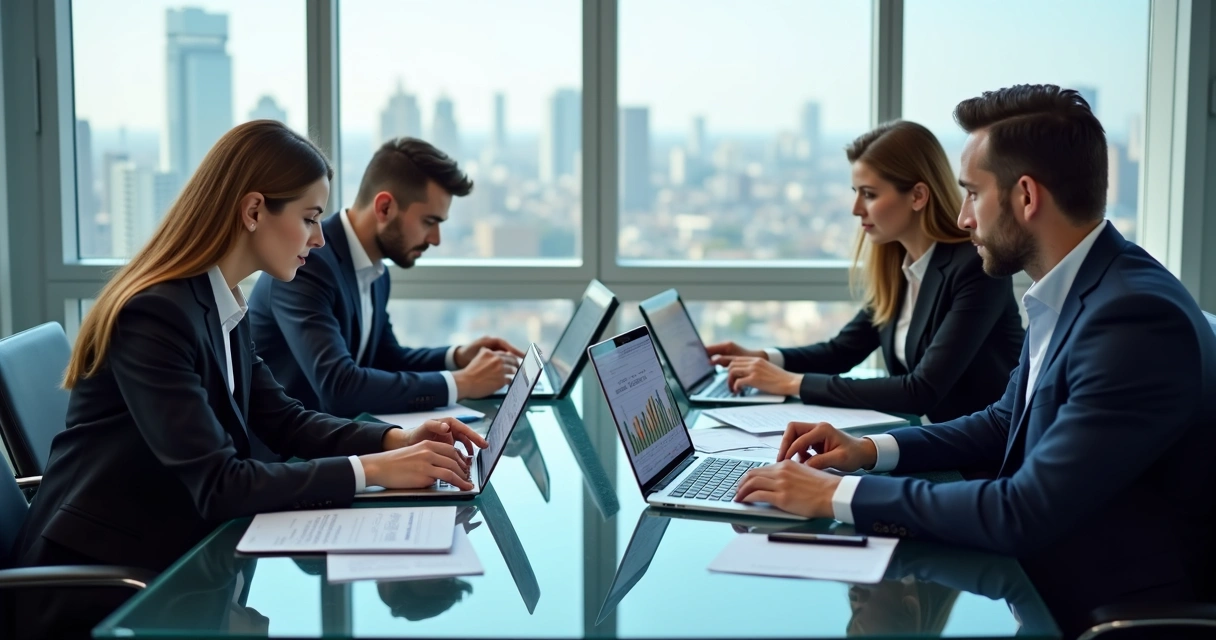 Equipe imobiliária analisa gráficos de vendas e projetam resultados na mesa 
