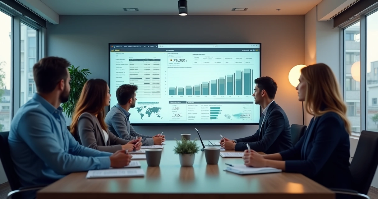 Equipe imobiliária analisando gráficos e indicadores em reunião