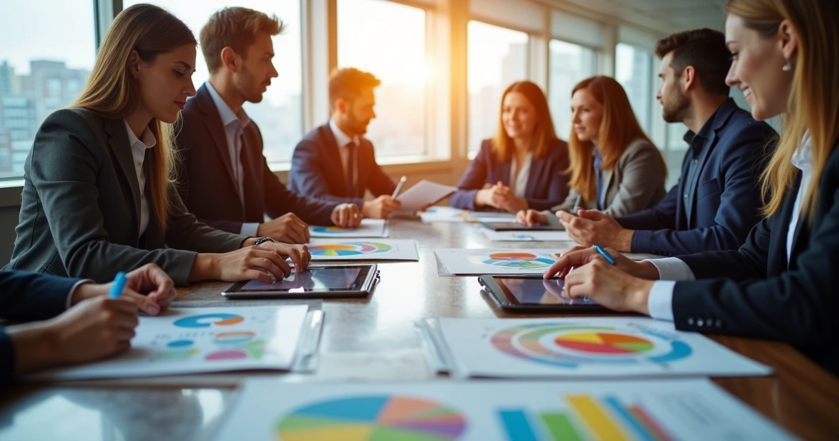 Equipe imobiliária analisando relatórios de gestão