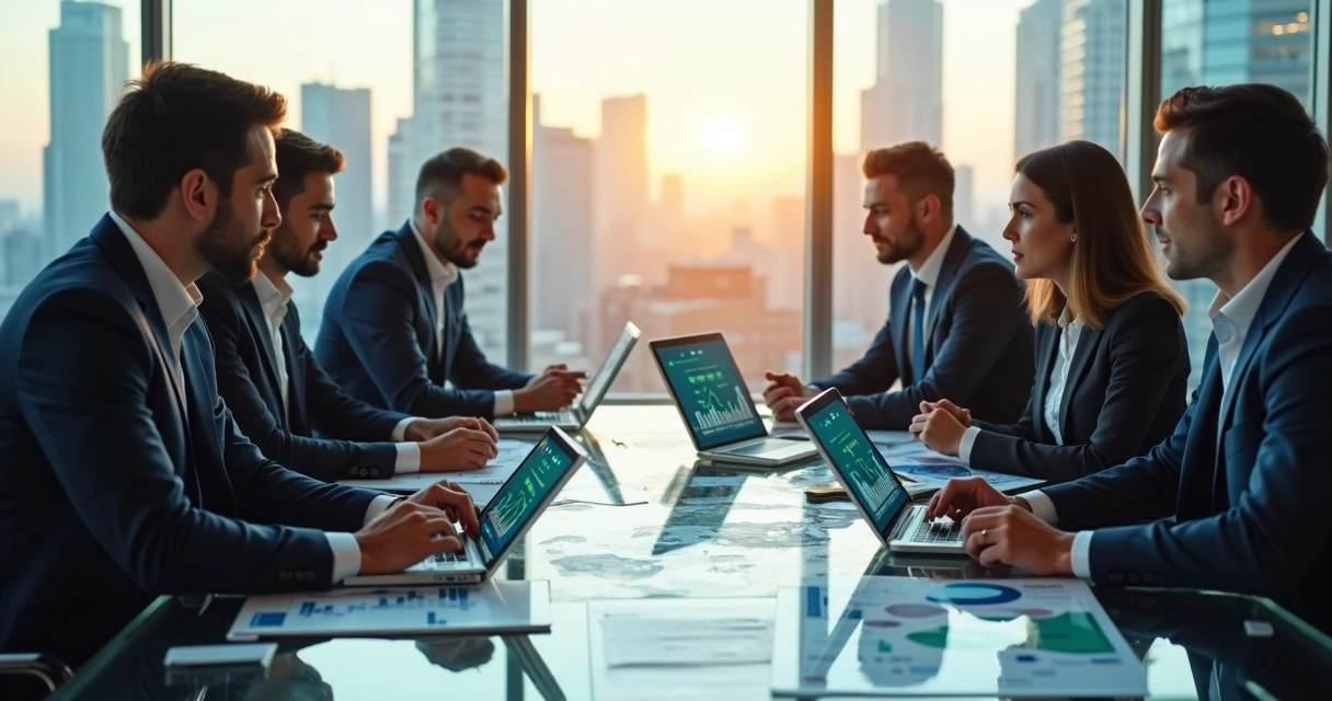 Equipe imobiliária em reunião avaliando gráficos e dados em tablets e telas. 