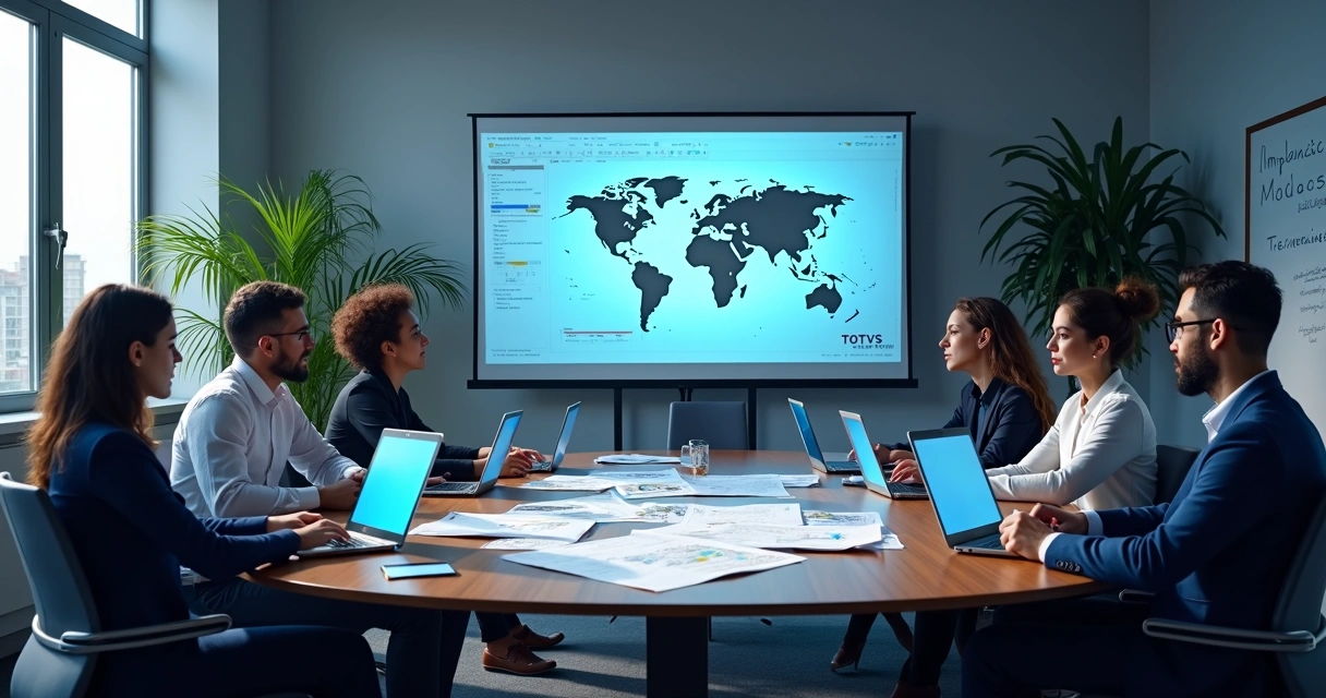 Equipe reunida analisando implantação do ERP Protheus 