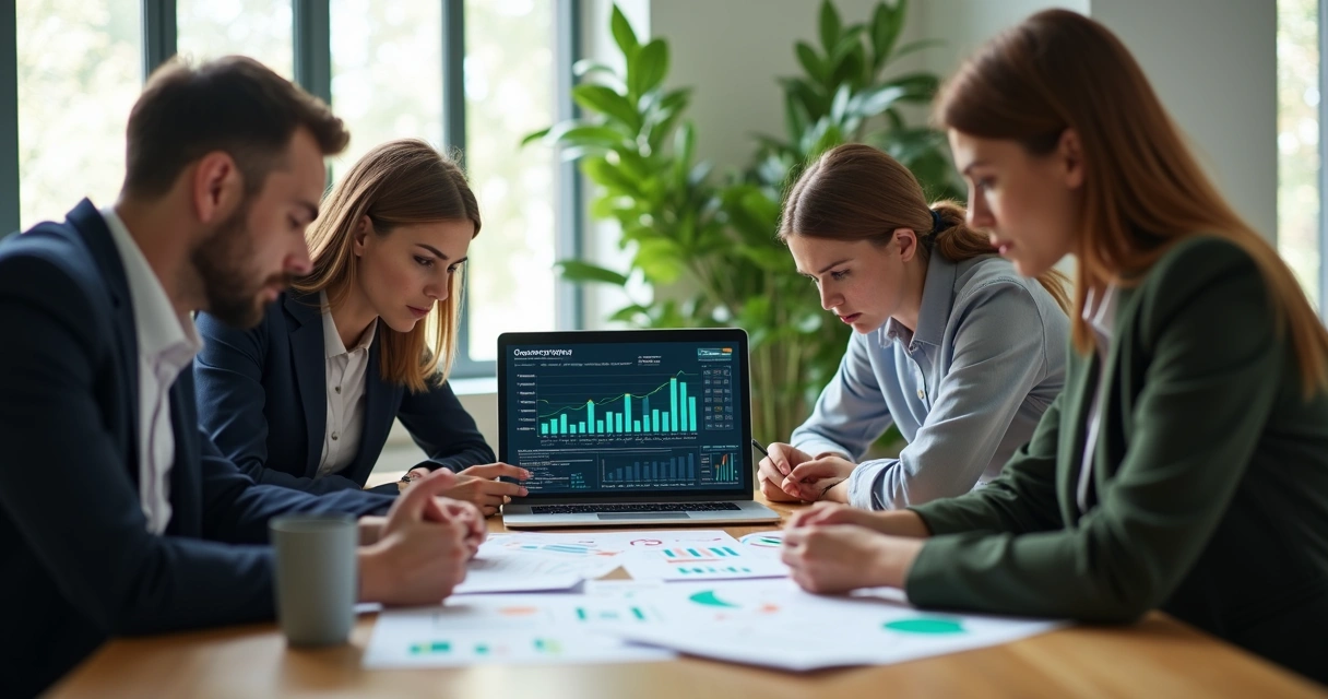 Equipe de PME em reunião preocupada com planilhas de inadimplência 