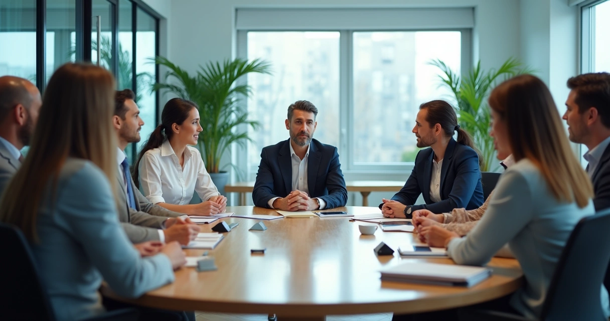 Equipe em reunião com participação diversa e escuta ativa 