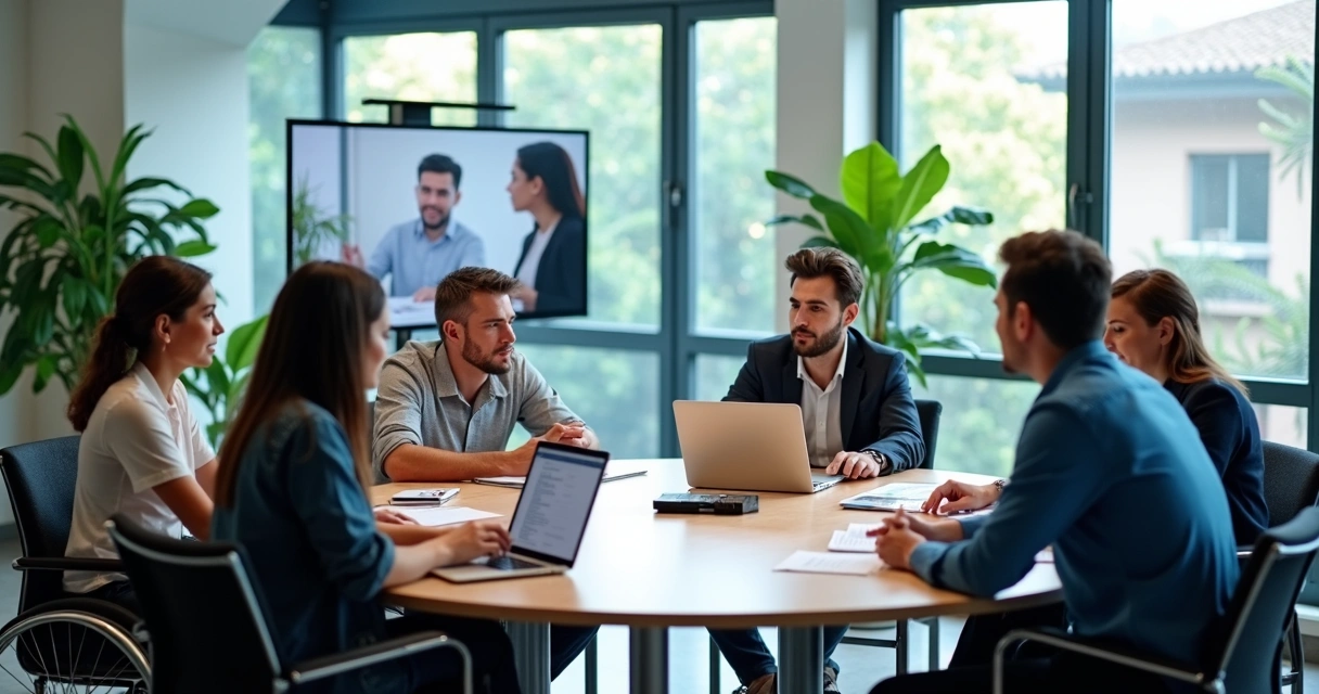 Equipe reunida com recursos de acessibilidade no trabalho 