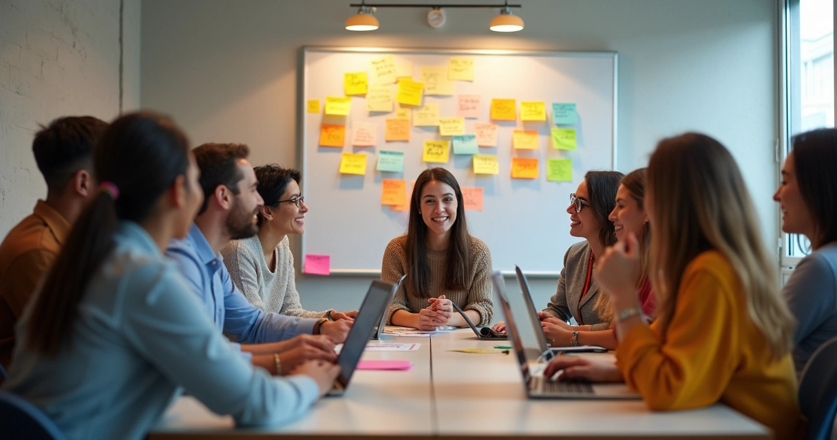 Reunião de equipe com pessoas diferentes interagindo ativamente. 
