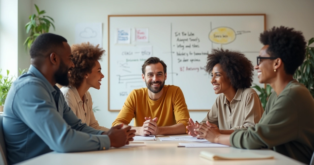 Reunião de trabalho mostrando equipe colaborativa e ambiente inclusivo 