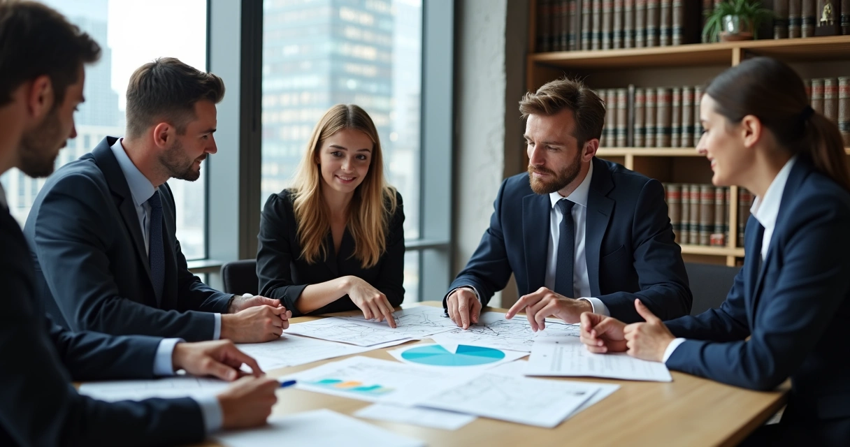 Reunião de planejamento de incorporação com advogados analisando documentos 