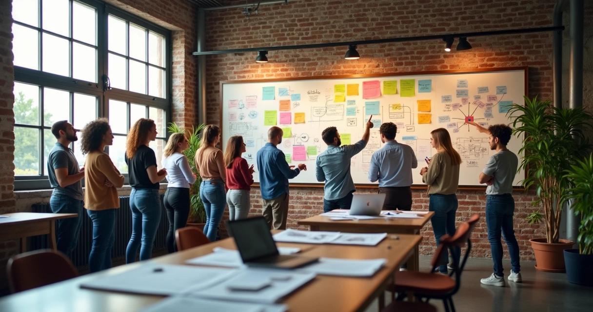 Equipe discutindo mudanças em um mural de ideias de projeto 