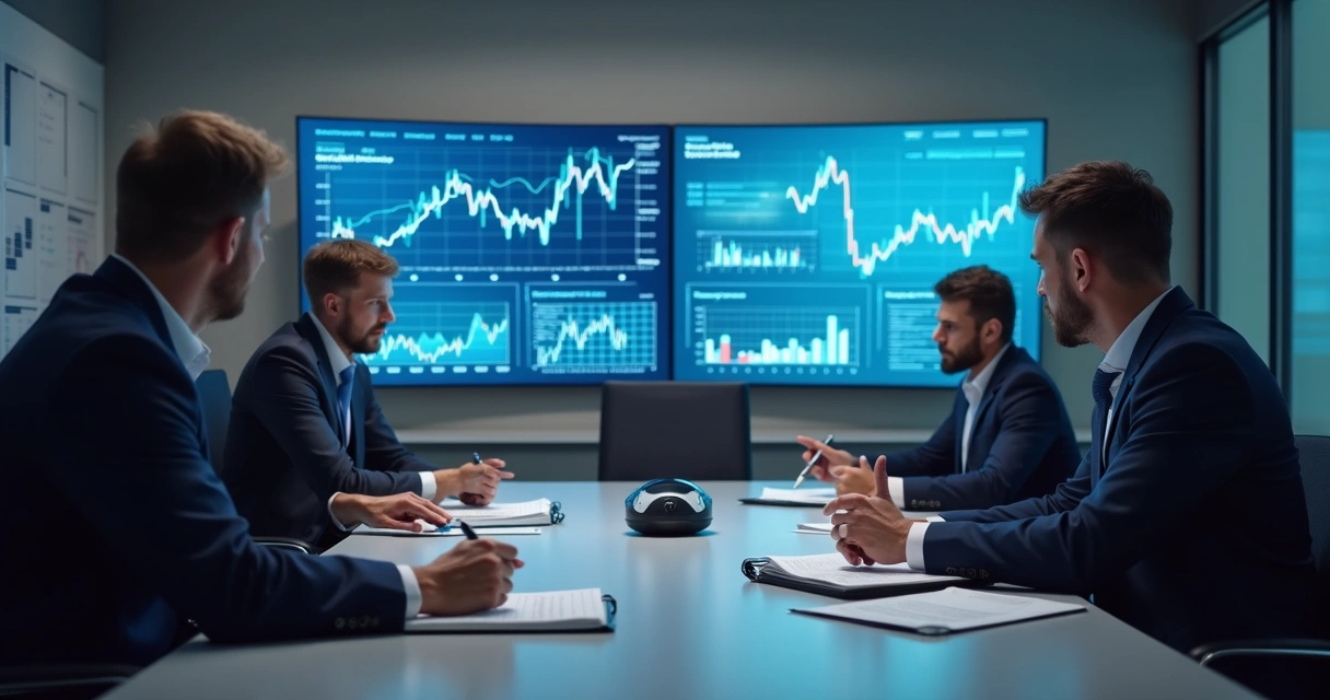 Painel com indicadores econômicos em reunião executiva 