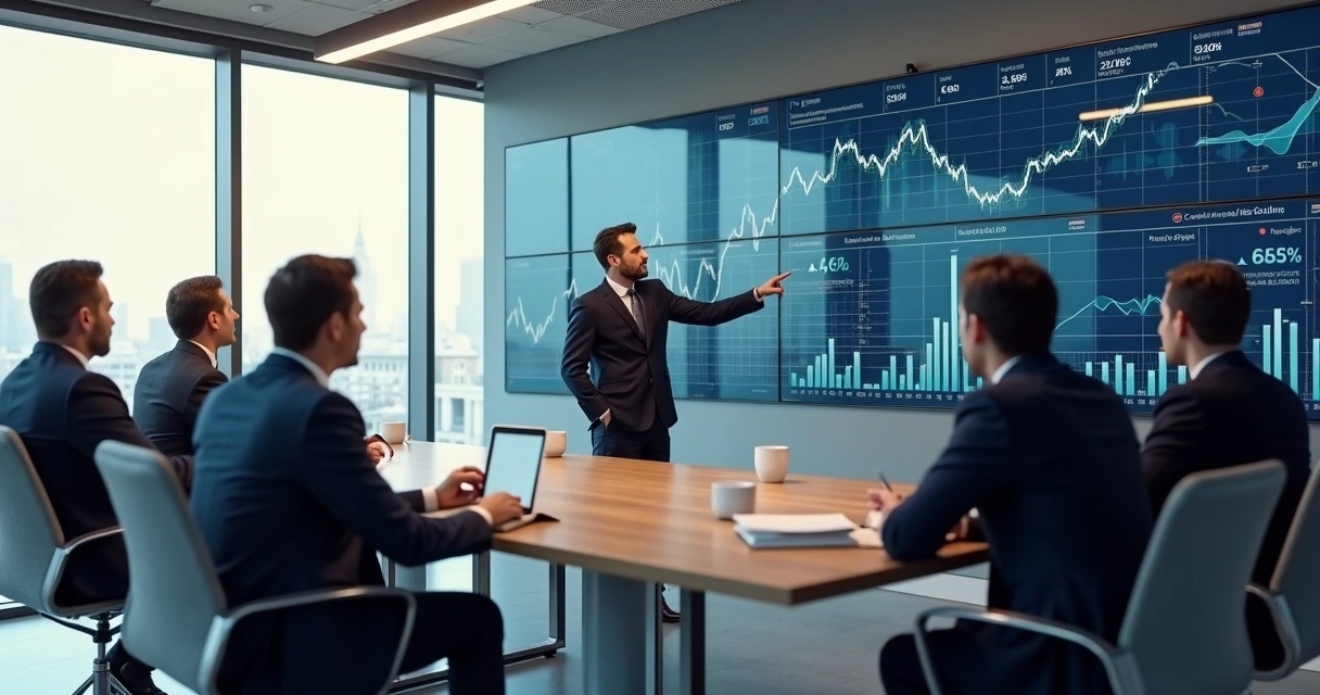 Executivos olhando gráficos econômicos em tela 