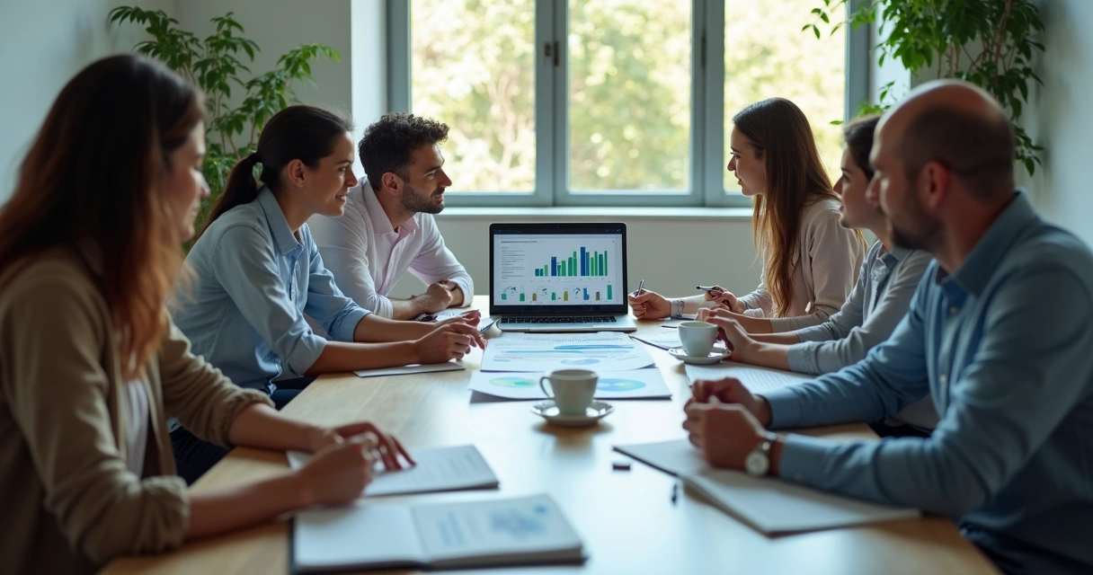 Equipe pequena analisando indicadores em reunião 