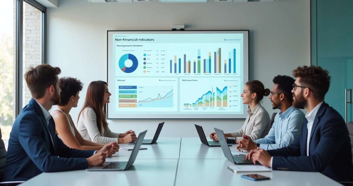 Equipe observando painel com indicadores humanos e organizacionais