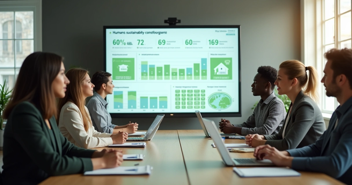 Equipe observando indicadores humanos e sociais em painel digital