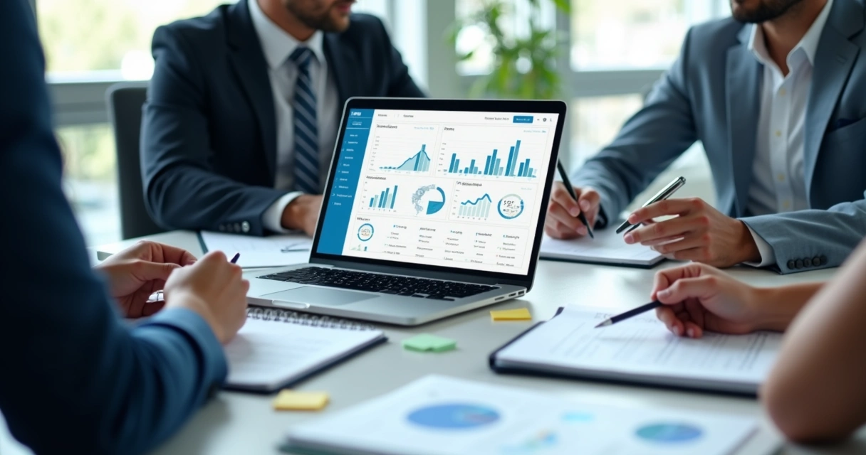 Reunião de equipe analisando indicadores em notebook 
