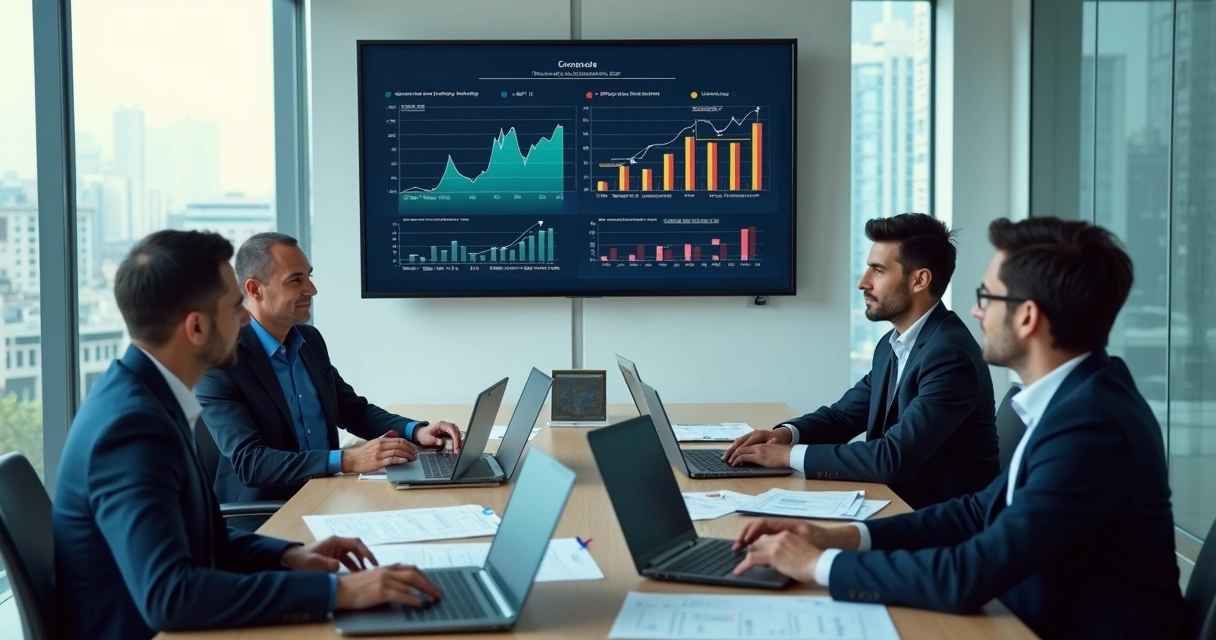 Executivos analisando gráficos setoriais em reunião 