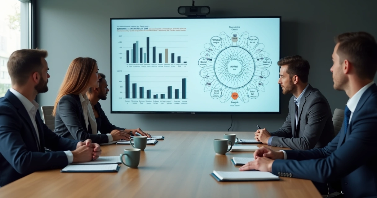 Equipe observando indicadores em painel e mapa de conexões