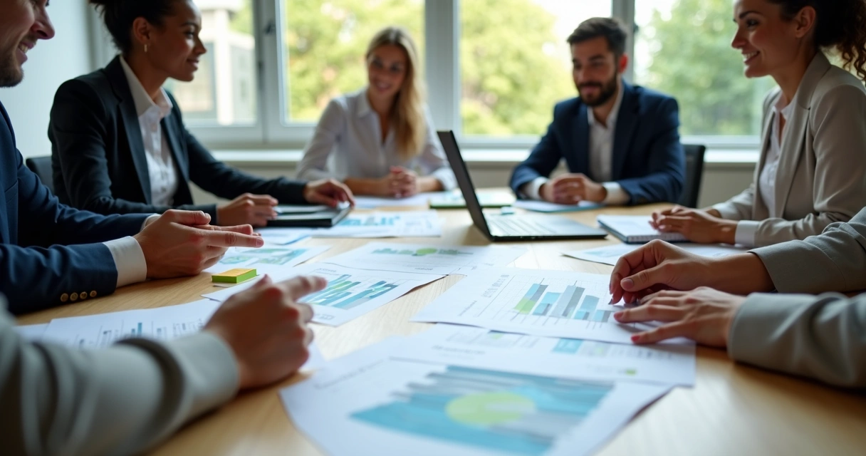 Equipe analisando indicadores sociais em reunião 