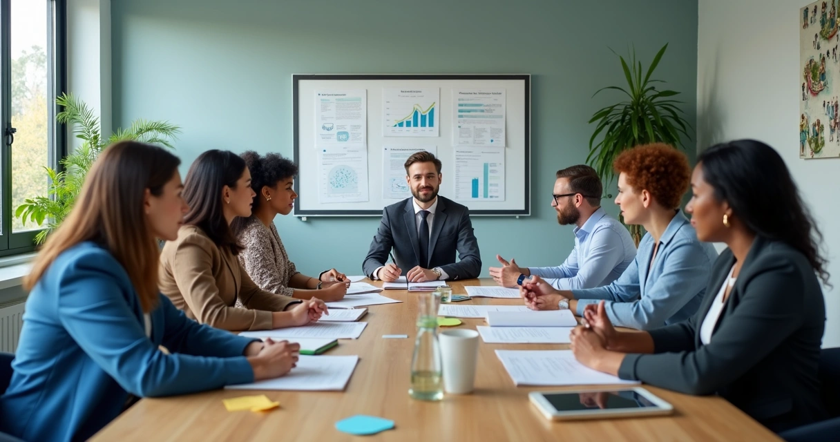 Equipe avaliando indicadores sociais em reunião