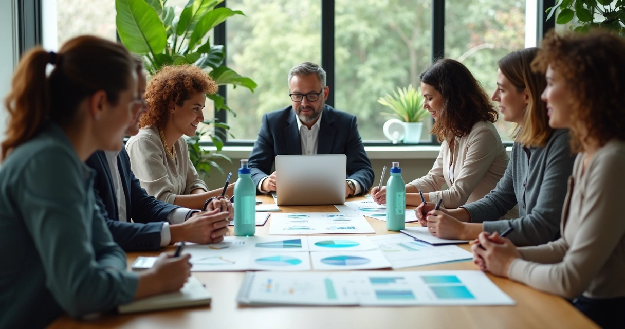 Equipe avaliando indicadores de sustentabilidade em uma mesa de reunião