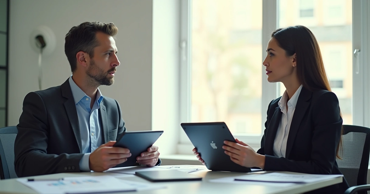 Gestor e colaborador em reunião individual, conversando lado a lado em mesa de escritório
