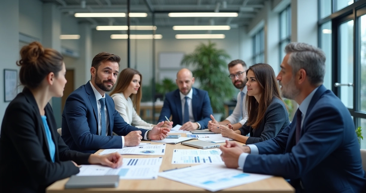 Executivos de indústria e agência conversando em mesa de escritório 
