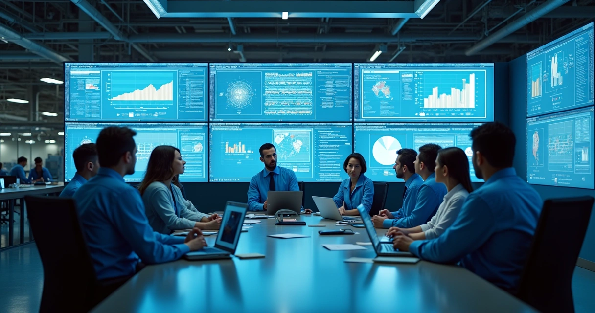 Profissionais industriais reunidos em sala de controle analisando dashboards