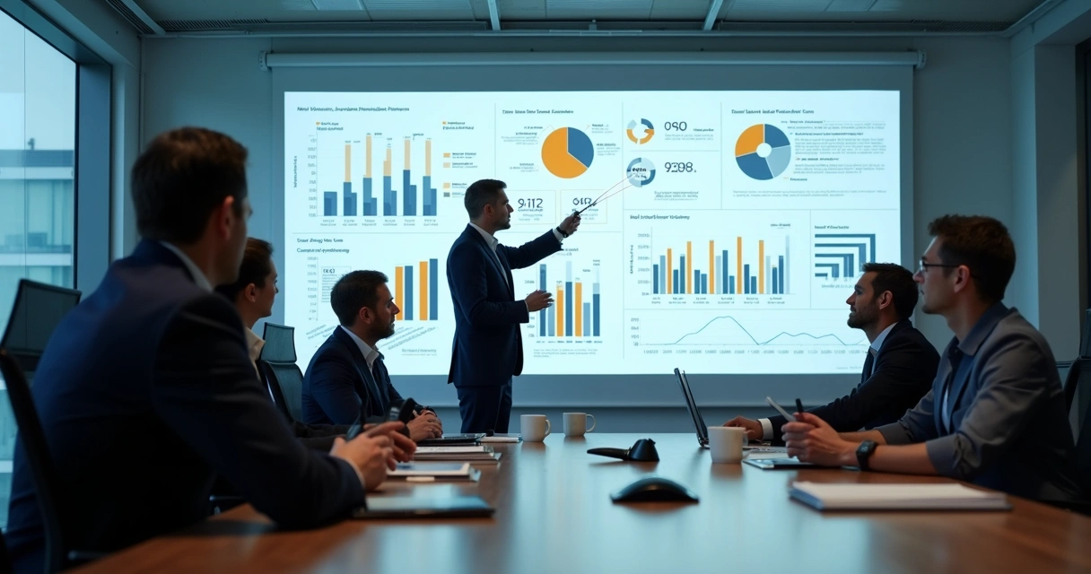Gestores industriais em reunião avaliando planilha financeira com gráficos projetados na tela de sala de reunião