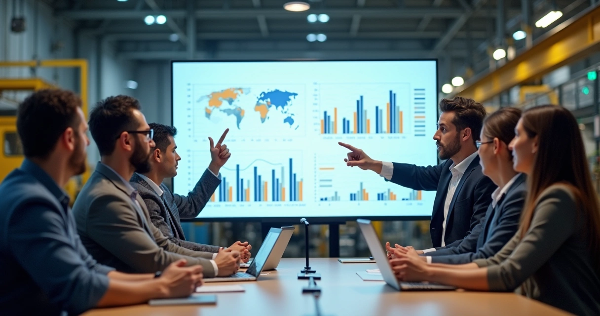 Equipe industrial em reunião analisando gráficos na parede 