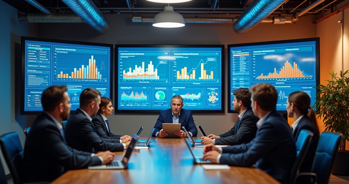 Reunião de executivos de indústria analisando dados digitais em tablets e painéis na parede 