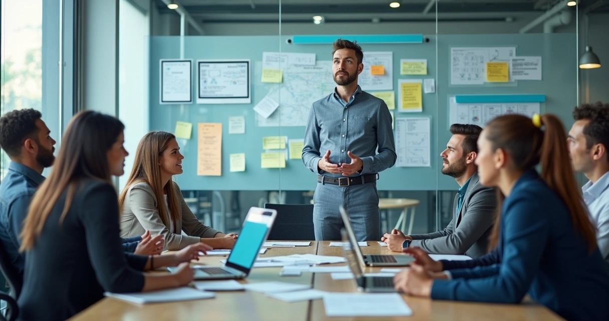 Equipe em reunião com painel de ideias e gráficos 