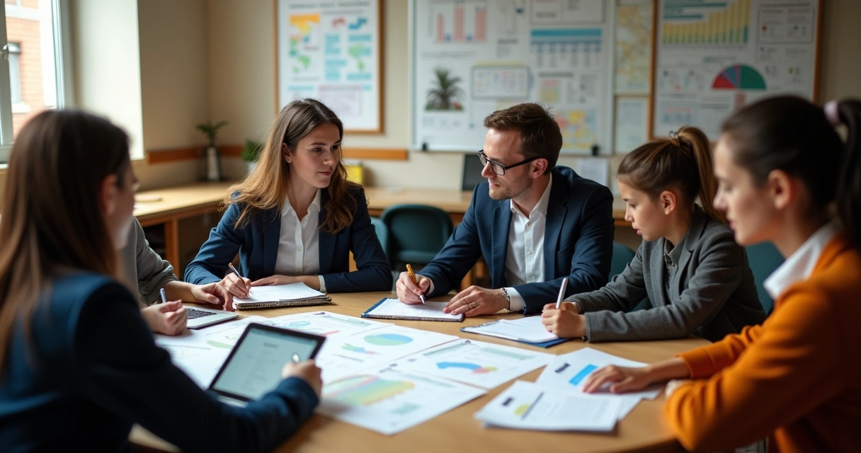 Equipe escolar e consultores em reunião sobre tecnologia educacional