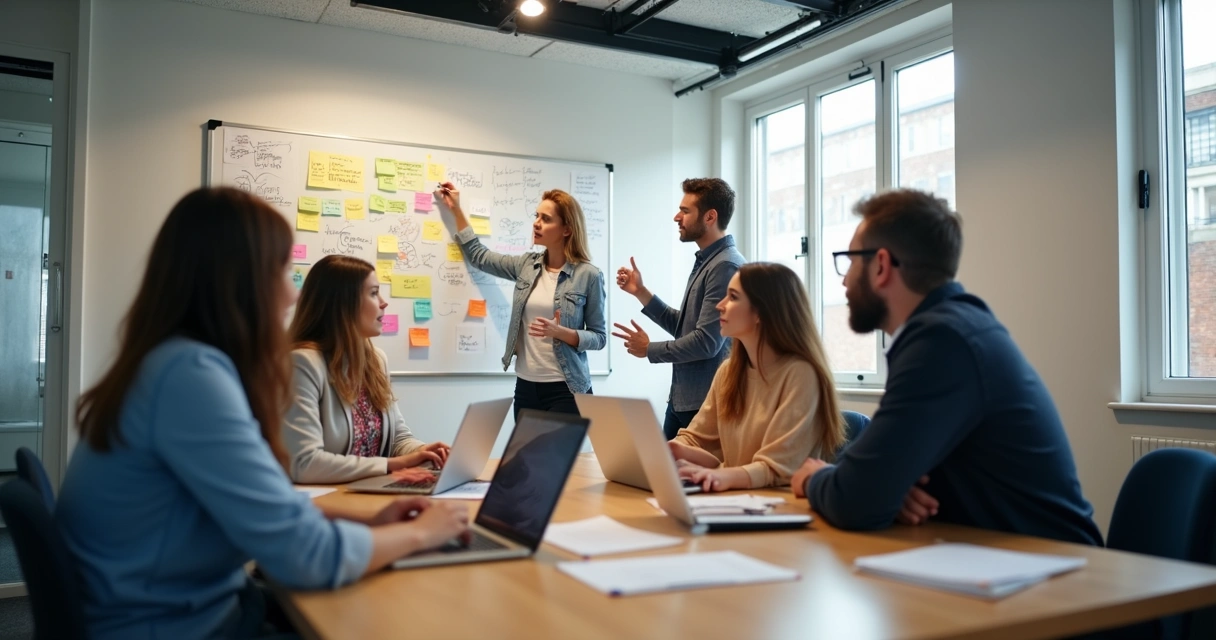 Equipe reunida em sala pequena discutindo ideias de inovação em ambiente de PME