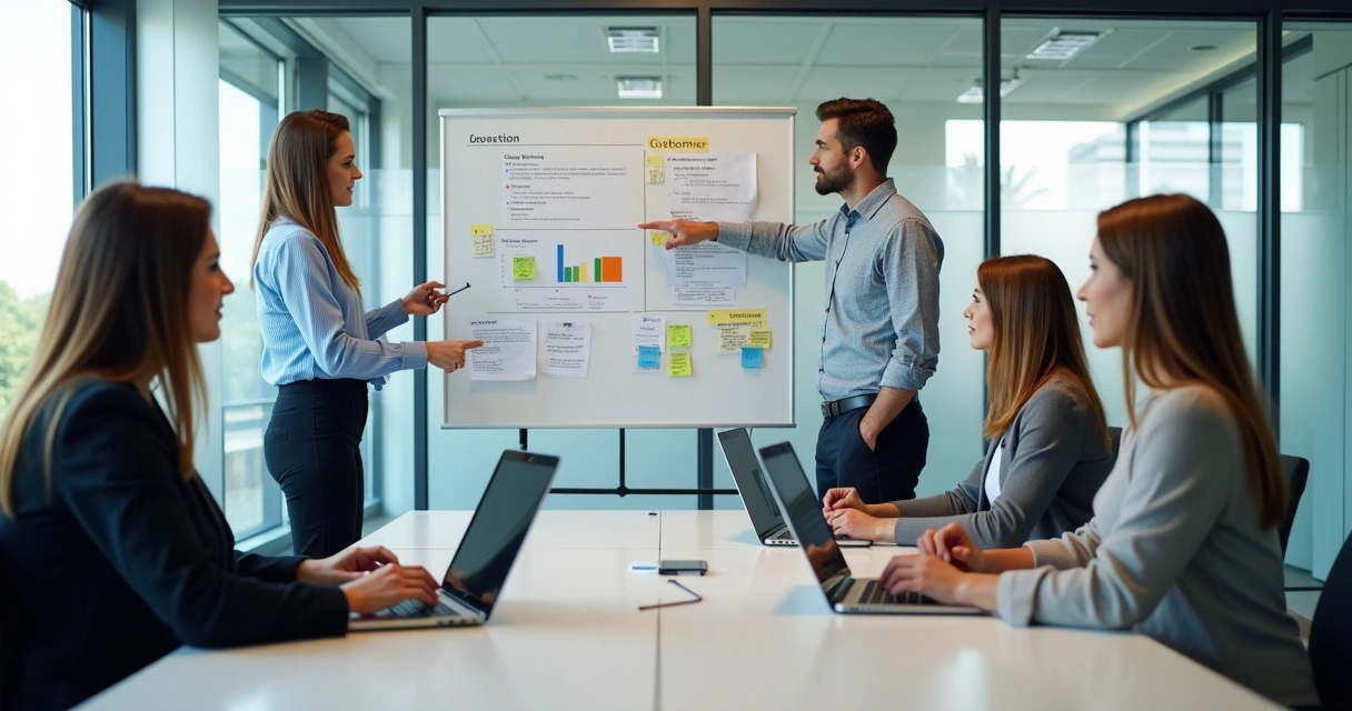 Equipe revisando insights de clientes em reunião de marketing 