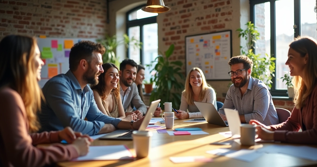 Equipe em reunião descontraída e inspiradora dentro de um ambiente moderno de startup 