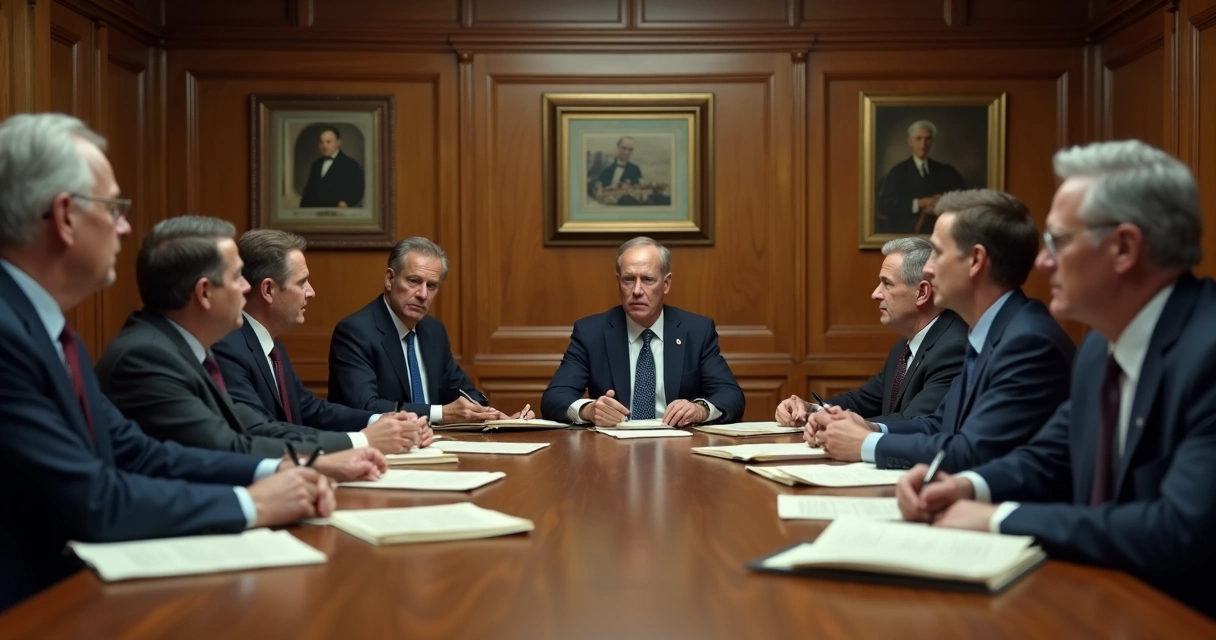 Reunião formal em uma sala antiga, pessoas sérias ao redor de uma mesa 