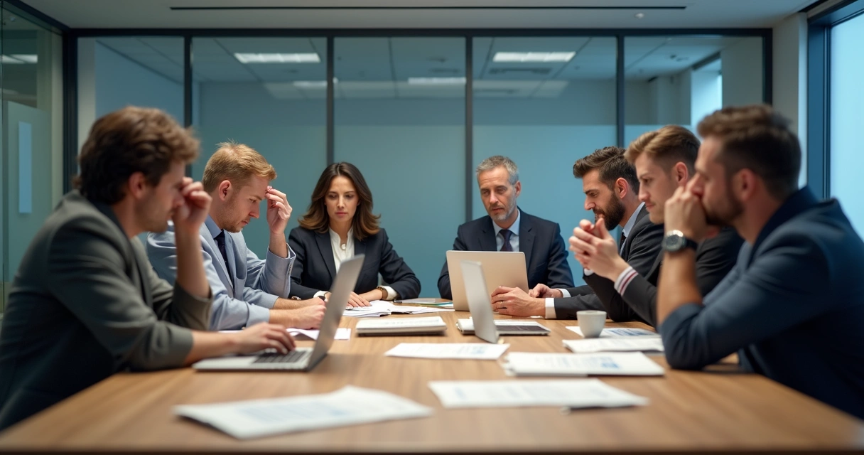 Grupo de pessoas em reunião institucional olhando documentos com expressões de frustração. 