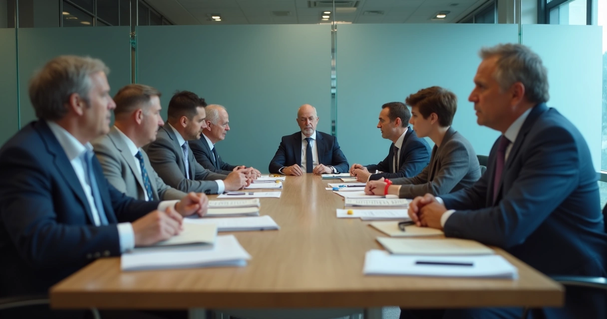 Mesa de reunião com pessoas em silêncio e clima tenso 
