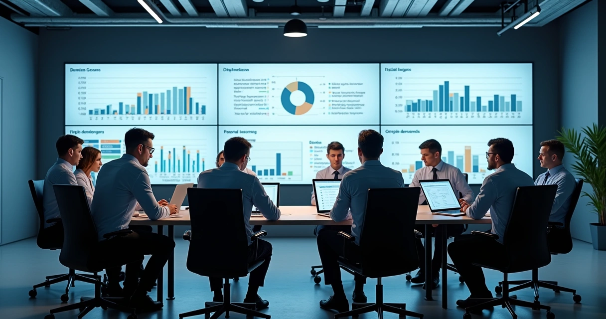 Equipe multidisciplinar em reunião discutindo painéis digitais de dados de demanda. 