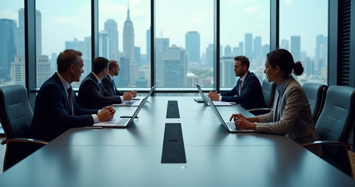 Executivos em reunião de integração entre empresas
